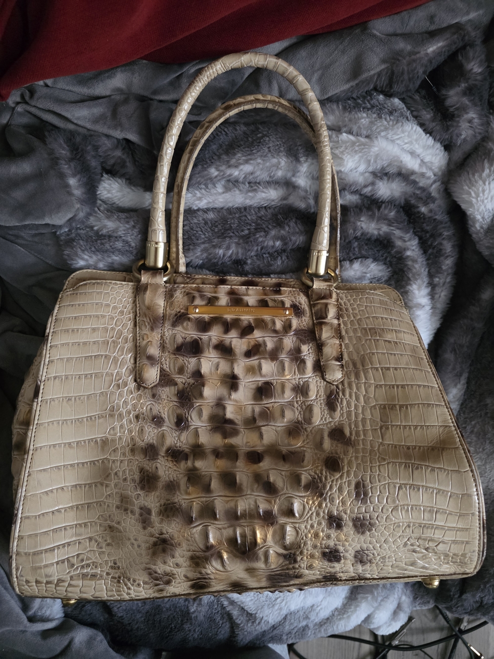Brahmin Taupe and Brown Croc-Embossed Satchel